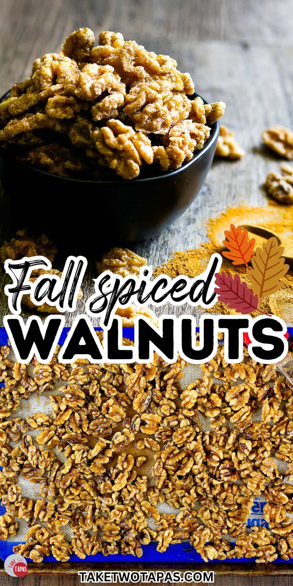 fall spiced walnuts with fall colored leaves