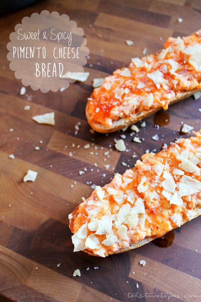 This sweet and spicy Pimento Cheese Bread has it all! Pimento Cheese, sweet and spicy pepper jelly, and topped with crunchy kettle chips for a crunch. Sweet and Spicy Pimento Cheese Bread Recipe | Take Two Tapas