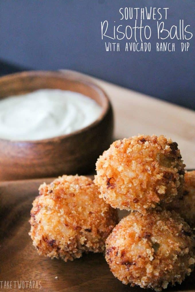 Southwest Risotto Balls and Avocado Ranch Dip are perfect for a fiesta! Southwest Risotto Balls Recipe | Take Two Tapas | #AranciniRecipe #LeftoversRecipe #SouthwestRecipe #RisottoBalls