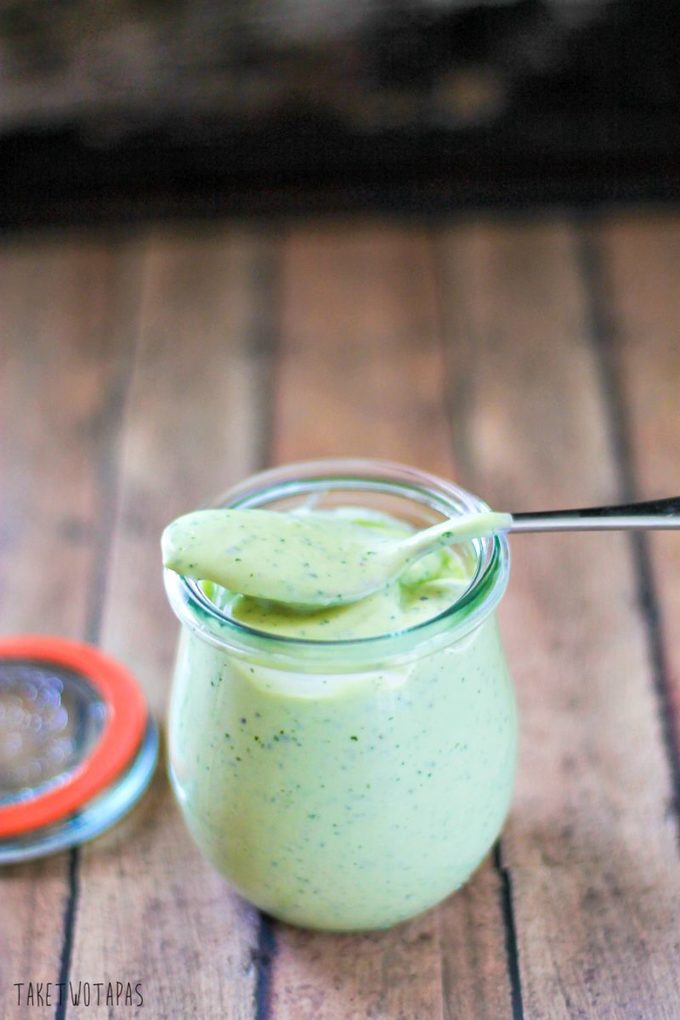  This delicious dressing is filled with bright cilantro, spicy ginger, creamy avocado, and is great as a dressing or as a dip! Top your tacos with it too! Cilantro Ginger Avocado Cream Recipe | Take Two Tapas