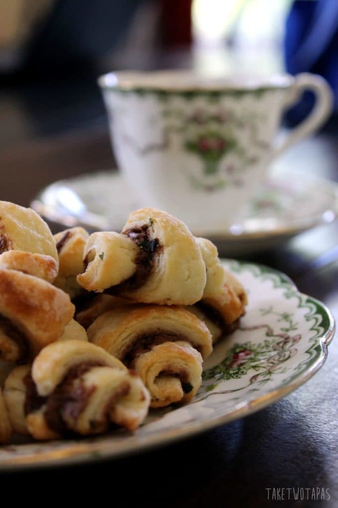 These flaky Nutella Mint Rugelach cookies are made from an adaptable cream cheese dough | Take Two Tapas Take Two Tapas | #Nutella #Rugelach #Cookie #Dessert #Mint #ThinMints