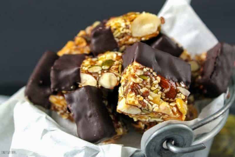These bite-sized Paleo Snack Bites are dipped in Dark Chocolate | Take Two Tapas | #Paleo #Chocolate #Granola #Nuts #Bars #Snacks