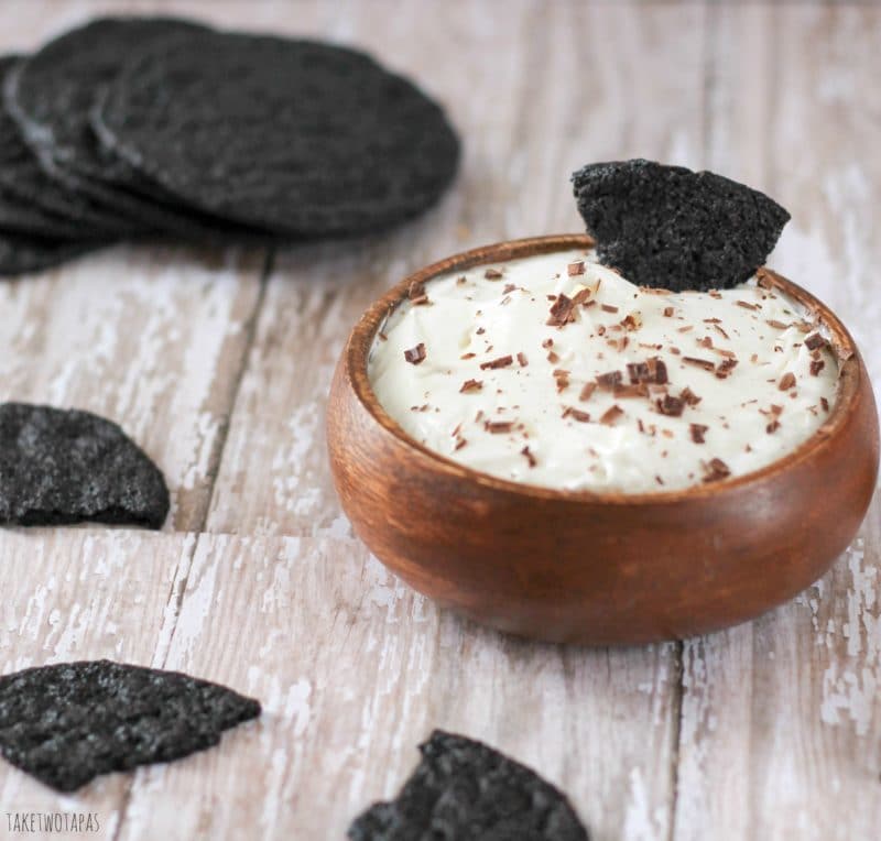 Now the great flavors of the Oreo cookie are combined with cream cheese to make a cheesecake dip that will remind you of Oreo cookies and milk. Make your own homemade chocolate wafers to dip! Oreo Cheesecake Dip Recipe with Homemade Chocolate Wafers | Take Two Tapas | #Oreo #Cheesecake #Dip #Dessert
