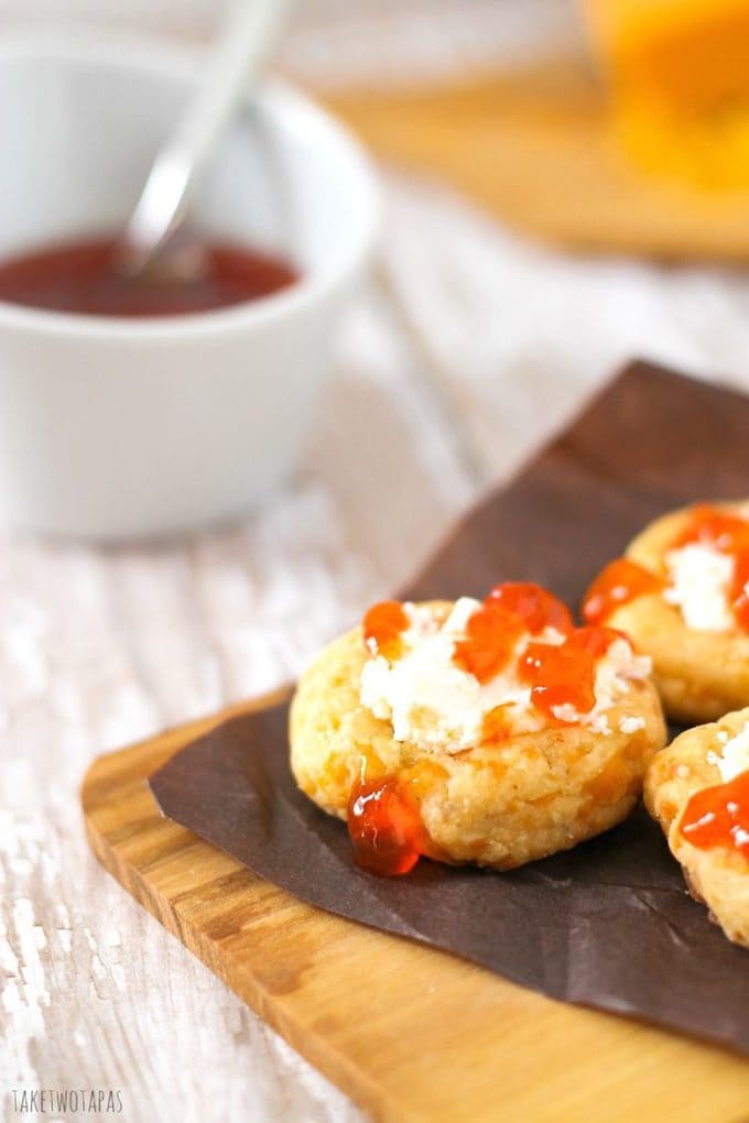 Spicy Cheese Thumbprints with Goat Cheese and Hot Pepper Jelly Recipe | Take Two Tapas | #Cookies #Thumbprints #Spicy #CheeseCrackers #HotPepperJelly #GoatCheese