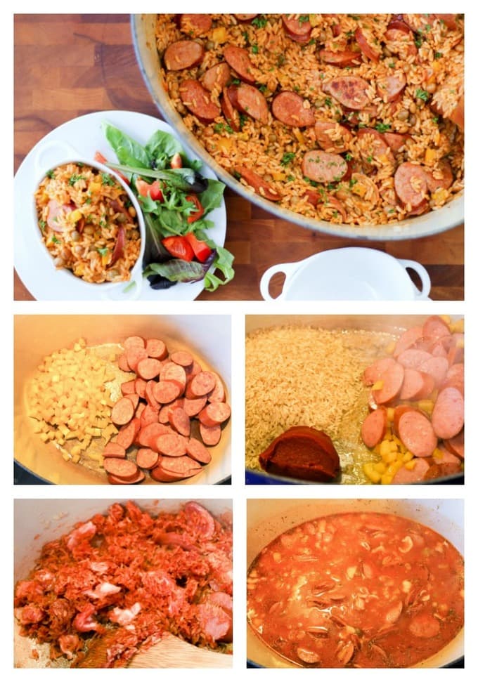 Need an easy, filling, one-pot meal that is ready in less than 30 minutes? I know as a working mom I need all the help I can get in the kitchen. This one-pot dish combines smoked sausage, pigeon peas, rice, and veggies with a hint of Bahamian flair! Smoked Sausage Peas and Rice Recipe | Take Two Tapas