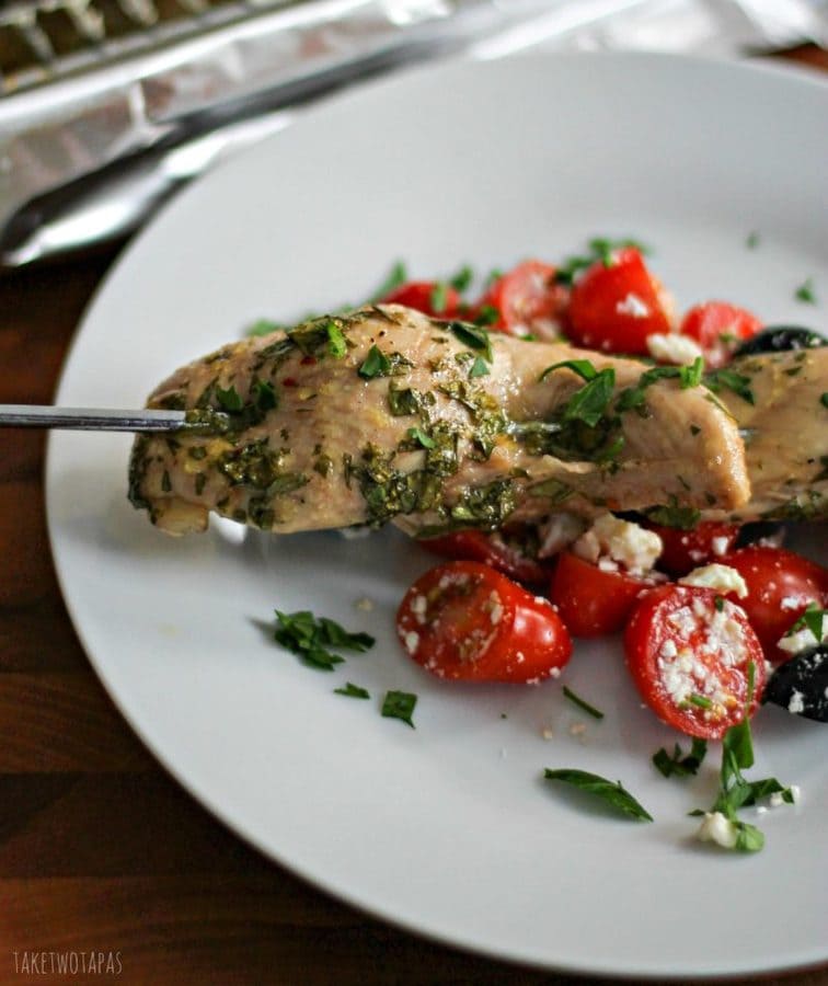 Juicy chicken marinated in a tangy, red wine vinaigrette, and served on a stick. Everything about that says fun. My kids love fun! Mediterranean Chicken Skewers Recipe | Take Two Tapas