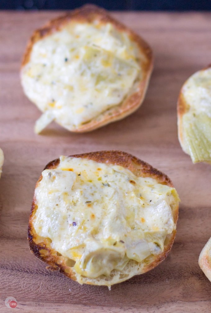 Garlic Artichoke Cheese Toasts are a great way to use up leftover buns! | Take Two Tapas | #GarlicBread #Artichokes #Garlic #Toasts #CheeseToastRecipe