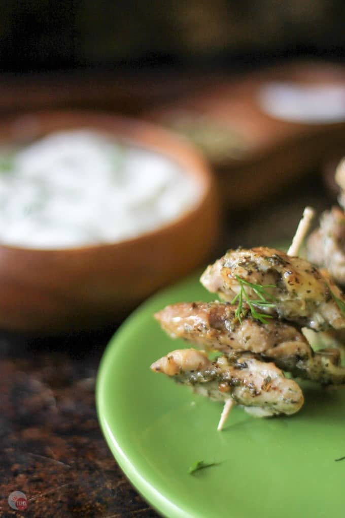 Greek Chicken Nuggets are perfect with homemade Tzatziki Sauce. Greek Chicken Nuggets Recipe | Take Two Tapas | #GreekFood #GreekSeasoning #Chicken #ChickenNuggets #Skewers #EasyPartyFoods