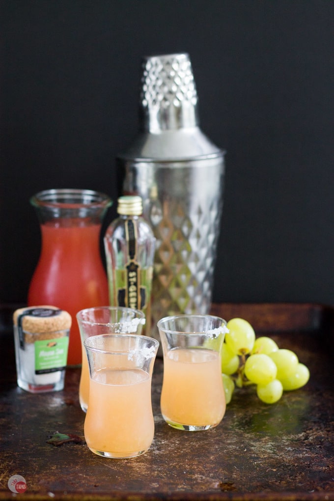  Tart and salty Green Grape Salty Dog Cocktail Shot Recipe | Take Two Tapas | #GreenGrapes #SaltyDog #CocktailShots #Vodka #PinkSalt #SaltyDogShot