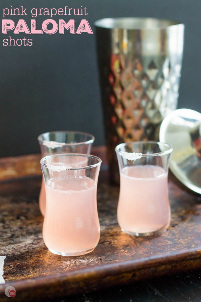 Whether you like your grapefruit fresh for breakfast or it's juice in a cocktail for some bite, a Paloma Pink Grapefruit Shot is the perfect way to enjoy it! Paloma Pink Grapefruit Shot Recipe | Take Two Tapas | #Paloma #CocktailShots #Cocktails #Shots #TequilaShot #Grapefruit