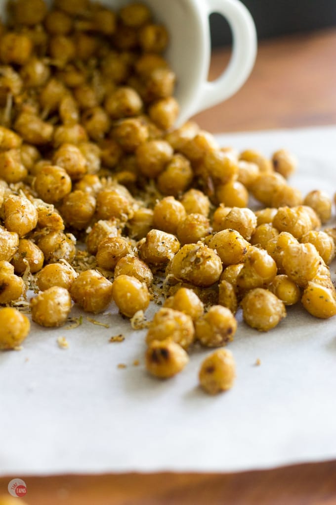 These Crispy Pan Roasted Chickpeas are so addicting you might as well make two batches at once! Pan Roasted Spicy Chickpeas Recipe with Ghost Pepper Salt | Take Two Tapas | #GhostPepper #Chickpeas #Roasted #Fried #HealthySnacks #Snacks #Spicy