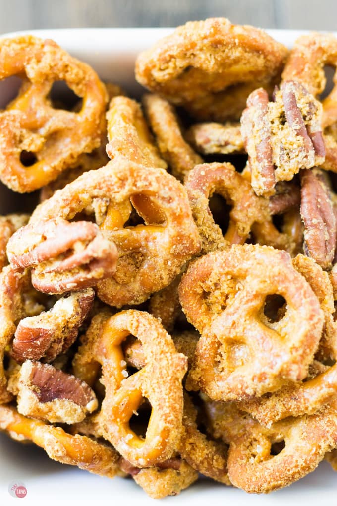 The perfect holiday snack mix - Crispy Caramel Crack Pretzels | Take Two Tapas | #Caramel #Crack #Pretzels #Pecans #CrackPretzels #HolidayRecipes #TeacherGifts #HostessGift #HolidaySnacks #SnackMixes