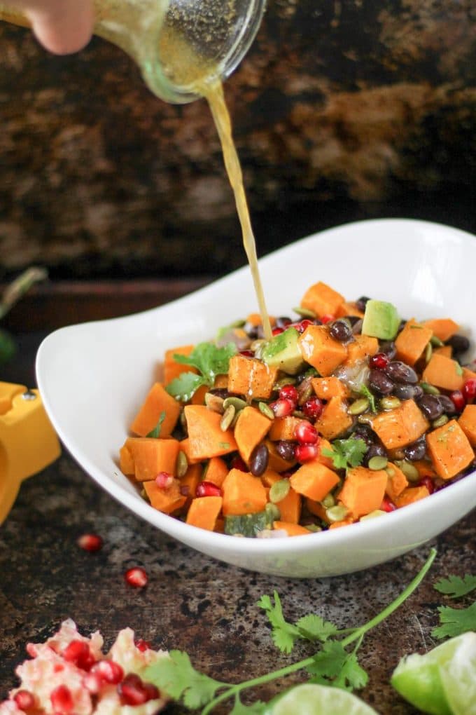 A power-packed salad for any season! Drizzled with a honey lime vinaigrette for a little tartness, this salad will make your taste buds dance! Southwest Sweet Potato Salad with Honey Lime Vinaigrette Recipe | Take Two Tapas | #Southwest #PotatoSalad #SweetPotatoRecipe #SideDish #SummerBBQ #SummerRecipe #BBQSideDish #BBQrecipe