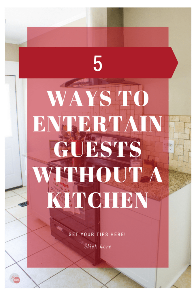 White text on a red background "5 ways to entertain guests without a kitchen"