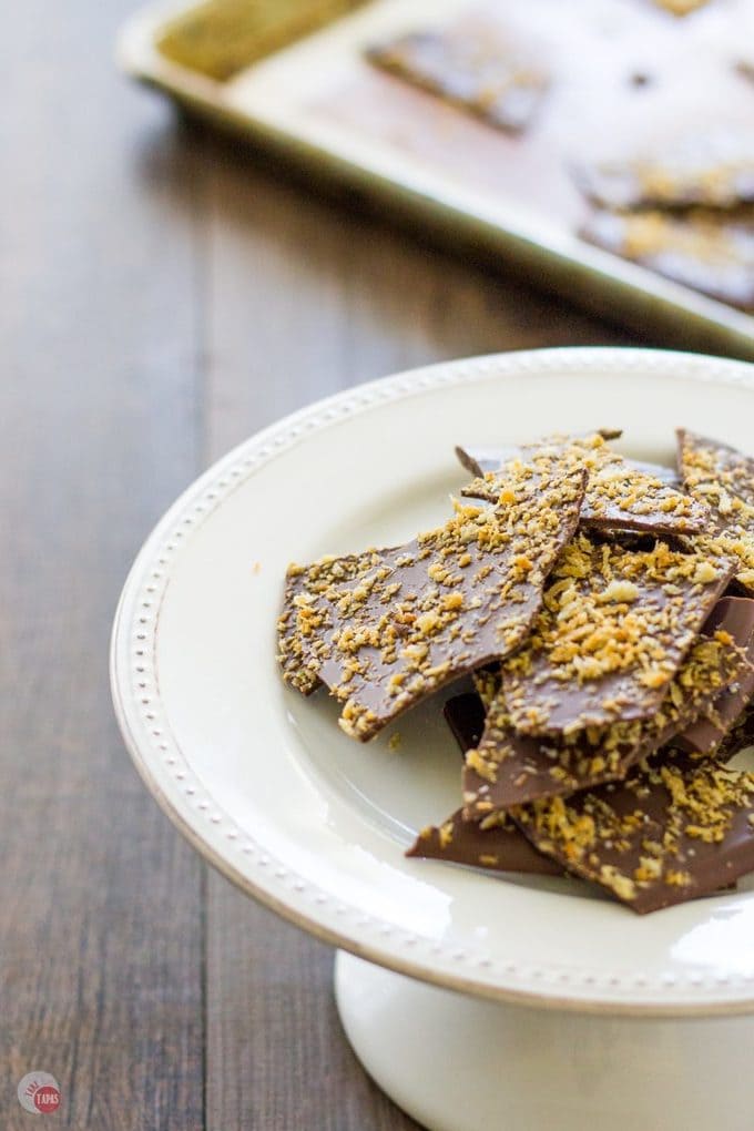 A sweet treat complete with a buttery, salted, toasted flavor and some crunch! Dark Chocolate Bark with Panko Crumbs Recipe | Take Two Tapas | #Bark #Chocolate #Panko #Salty #Snacks #Desserts