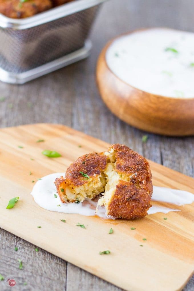 Southwest Potato Croquettes with Green Chile Ranch Dip are a great way to use up leftover mashed potatoes! | Take Two Tapas | #Southwest #PotatoCroquette #MashedPotatoes #PotatoRecipe #Appetizer #GreenChilies #RanchDip