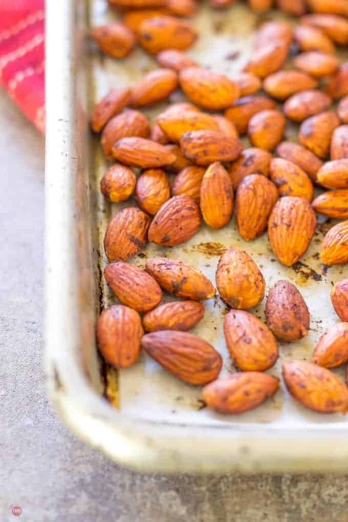 close up of Smoked Paprika Almonds on a sheet pan