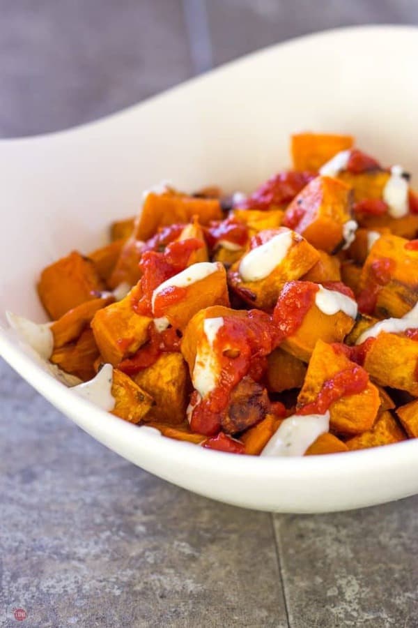 Sweet Potato Patatas Bravas in a white bowl