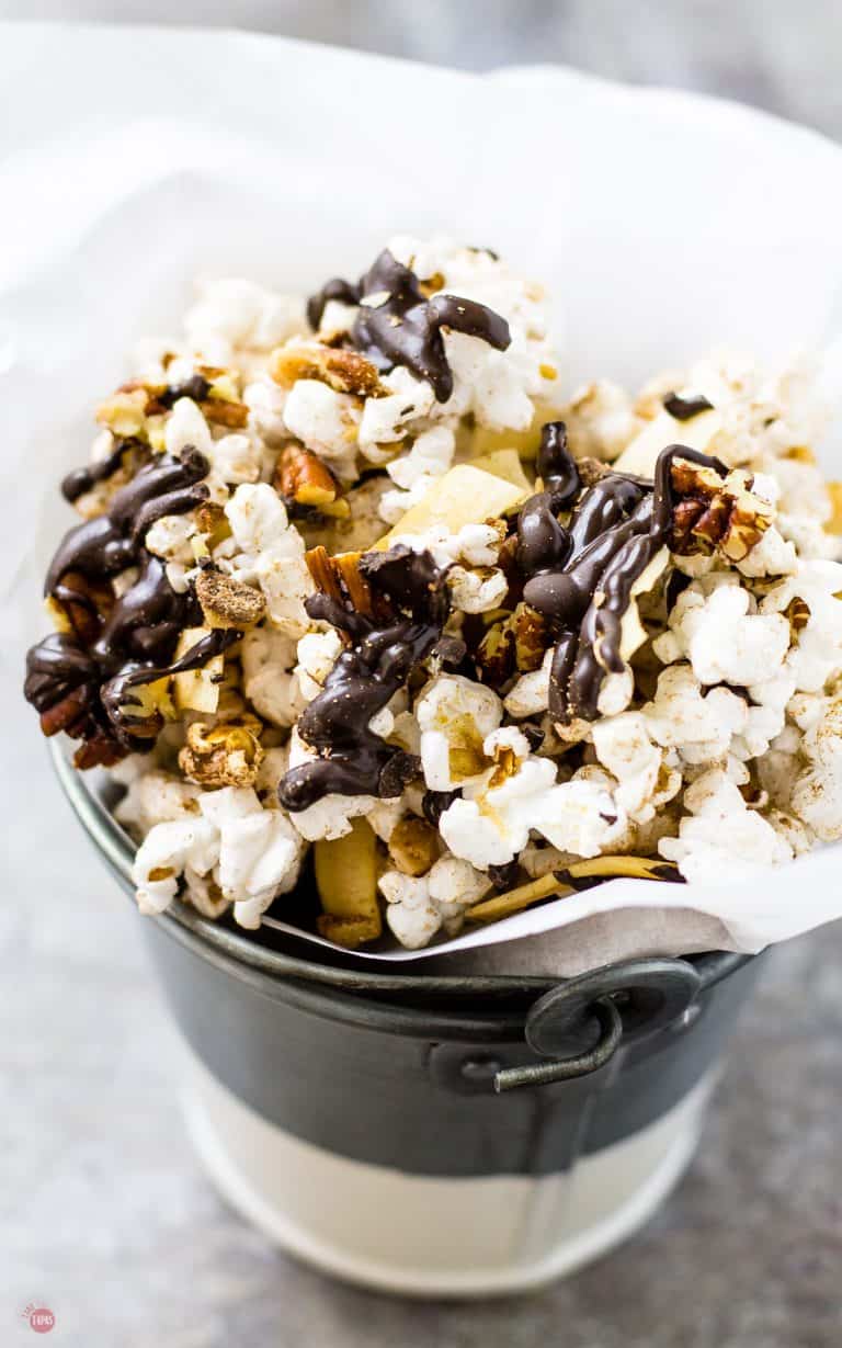 overhead of German Chocolate Popcorn in a bucket