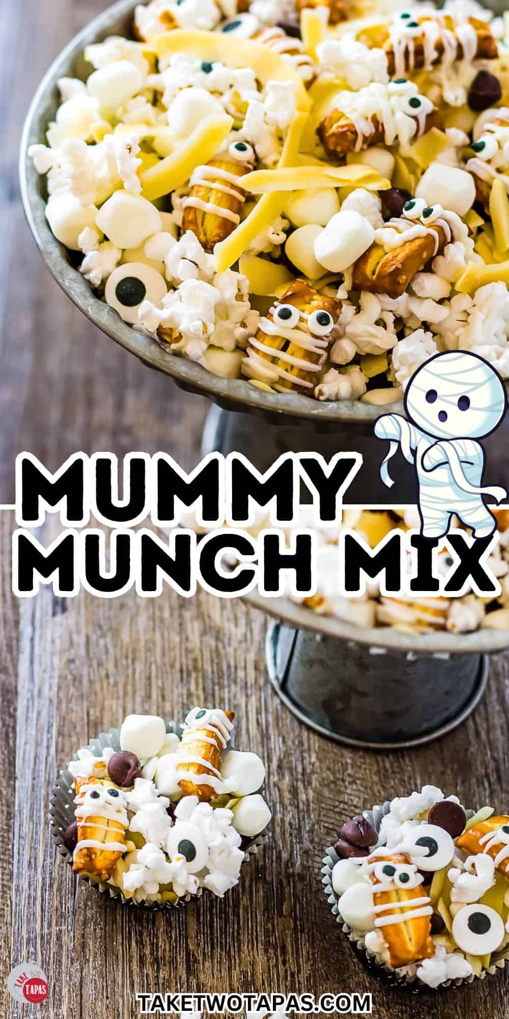 mummy munch snack mix with popcorn and pretzels