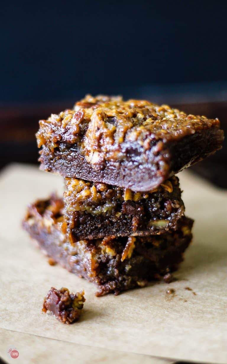 Side view of stack of Derby Pie Brownies