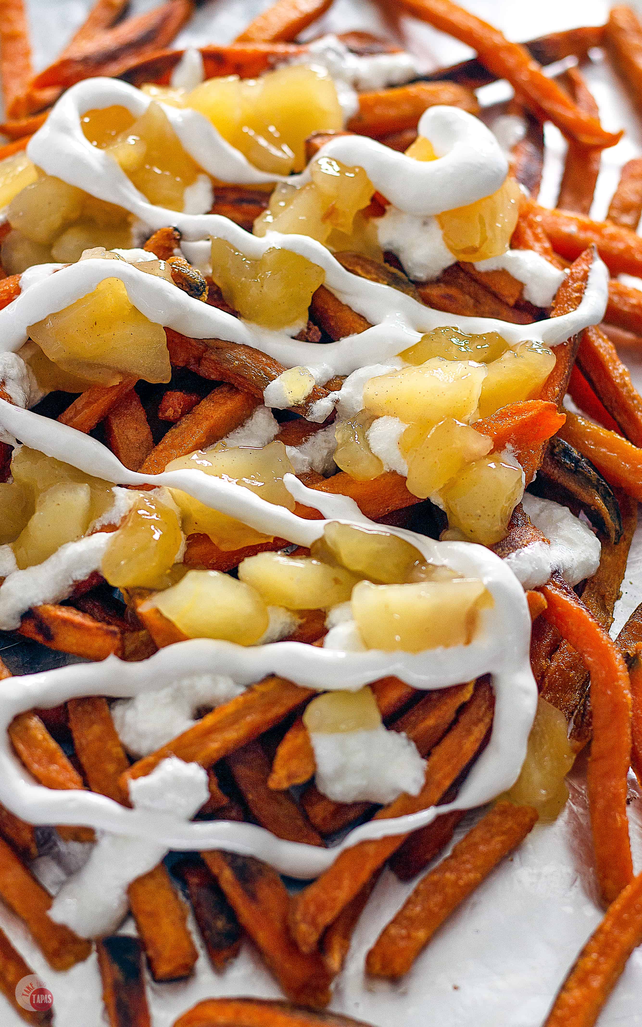 Sweet Potato Poutine - Sweet Potato Fries with Marshmallow and Apples