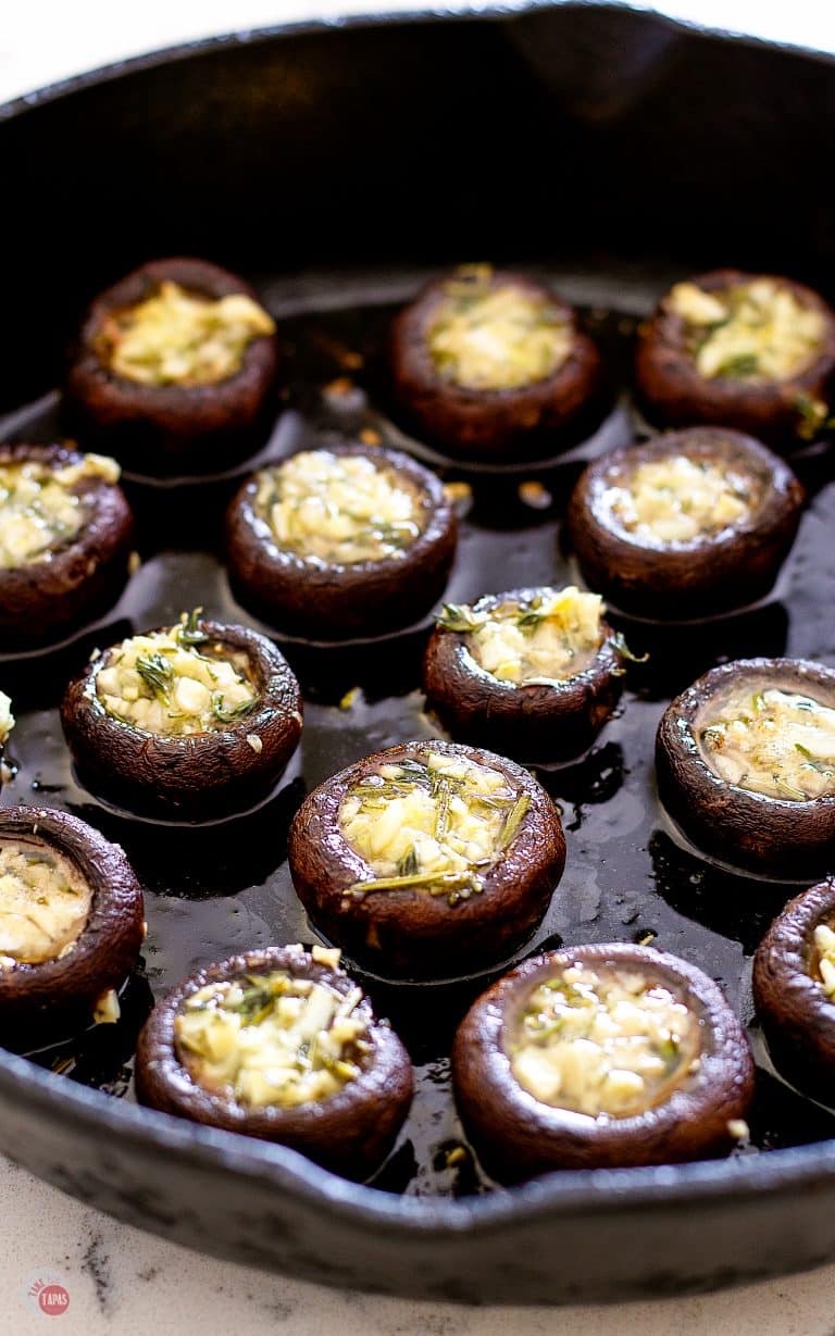 side view of Roasted Garlic Butter Mushrooms in a skillet