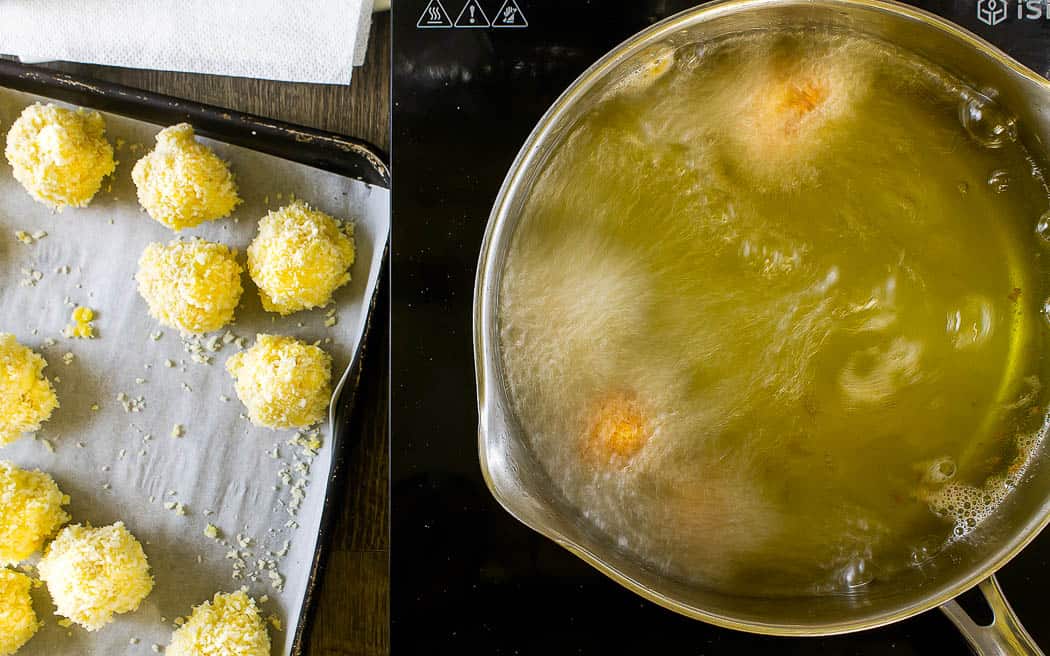 heißes Öl, in dem die Makkaroni-Bällchen frittiert werden, und ein Blatt mit den gefrorenen Bällchen