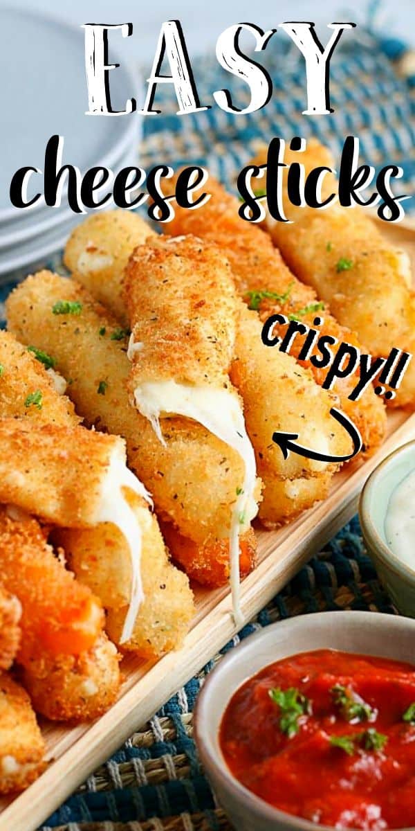 Pinterest image of homemade cheese sticks with text "easy cheese sticks"