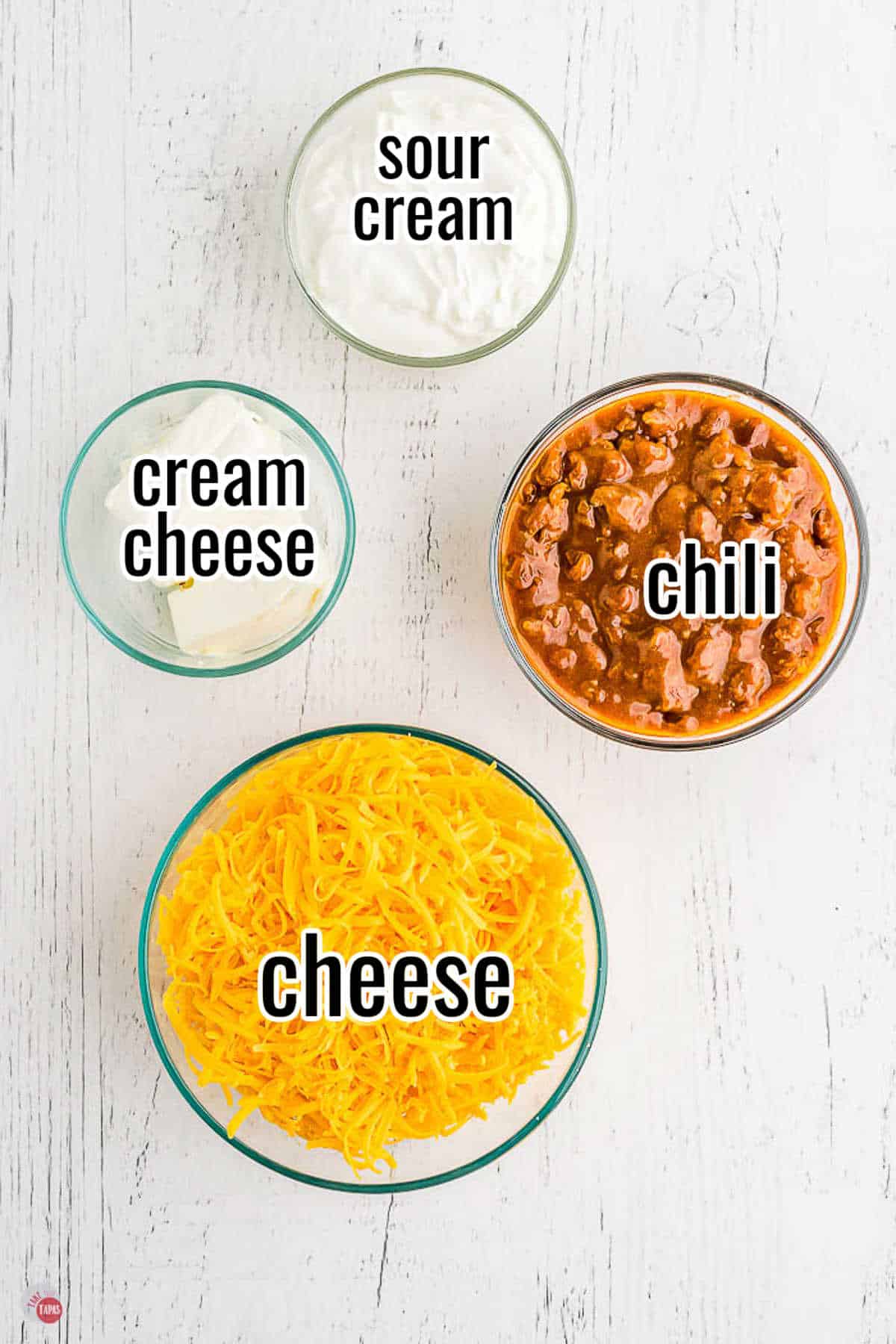 labeled ingredients for frito dip with cream cheese