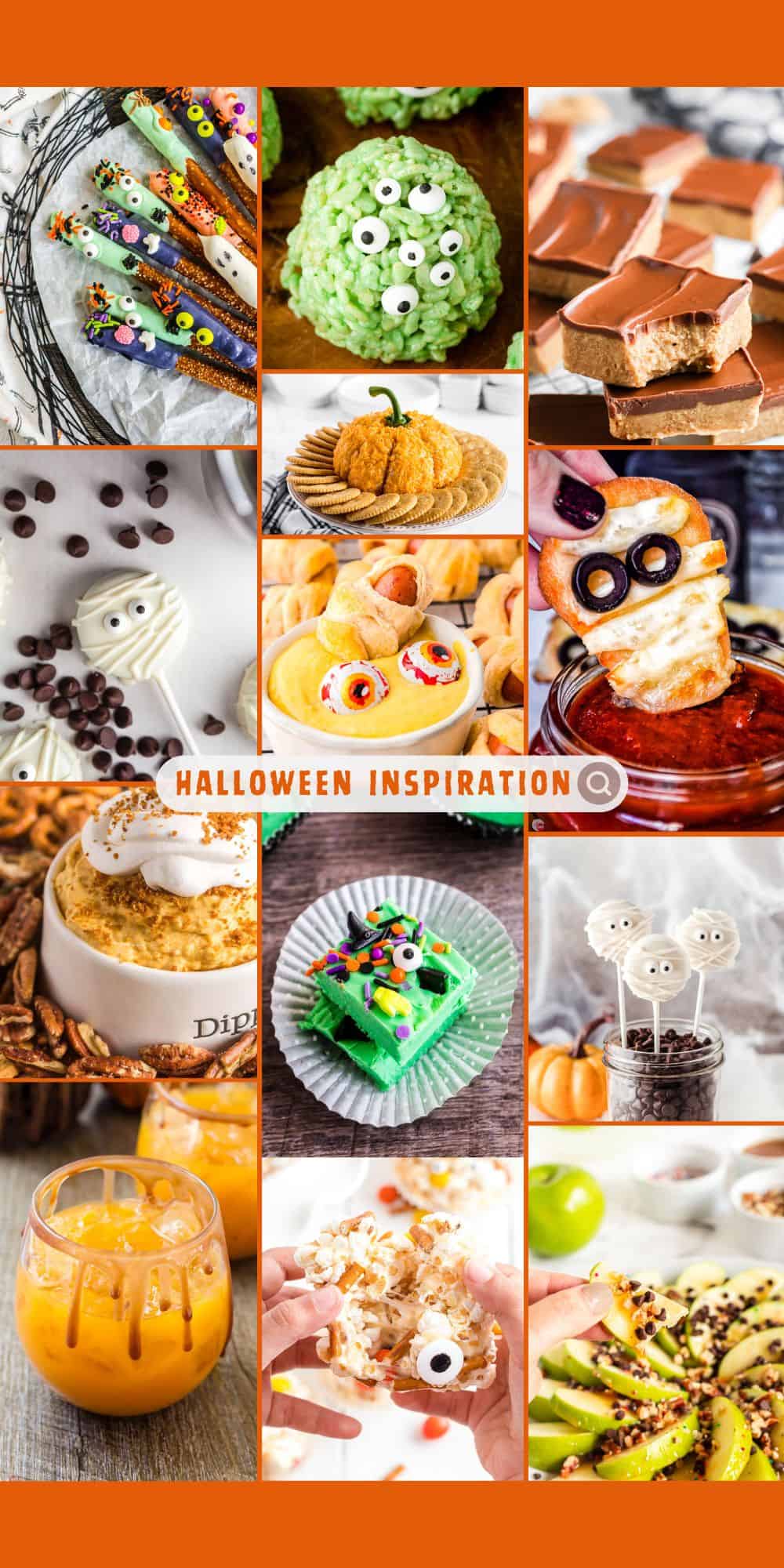 collage of halloween party foods and desserts