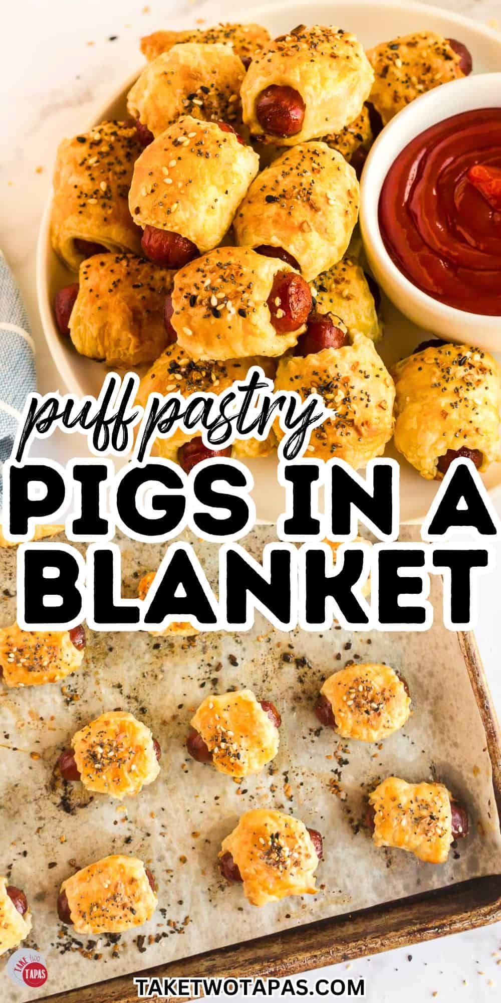 collage of puff pastry pigs in a blanket pictures