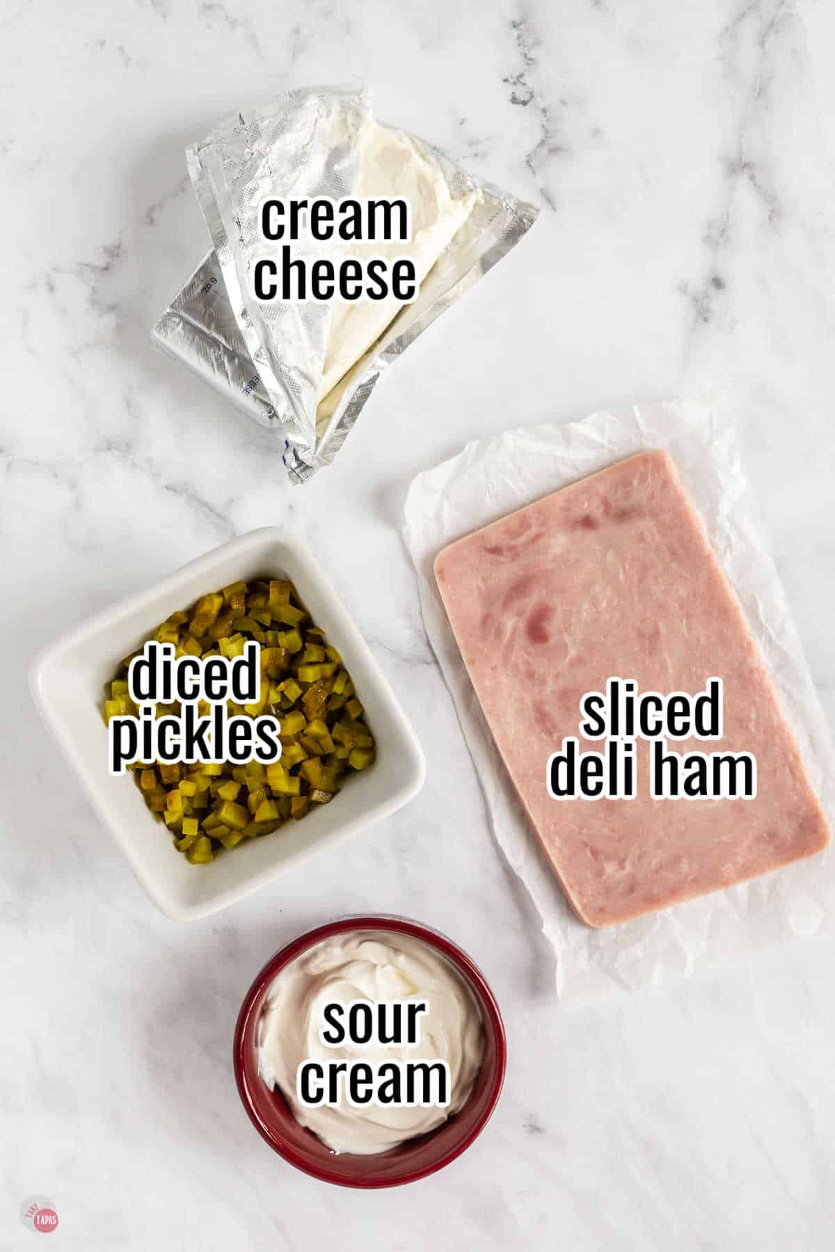 labeled ingredients for pickle wrap dip