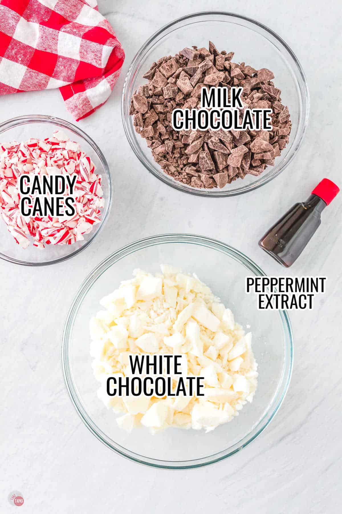 labeled ingredients for candy cane bark