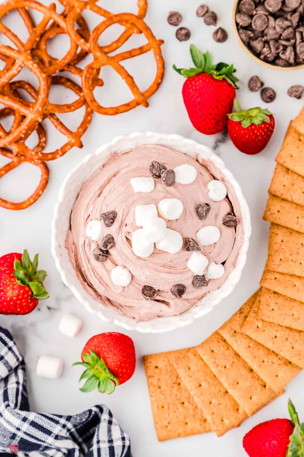 bowl of hot chocolate dip with marshmallows