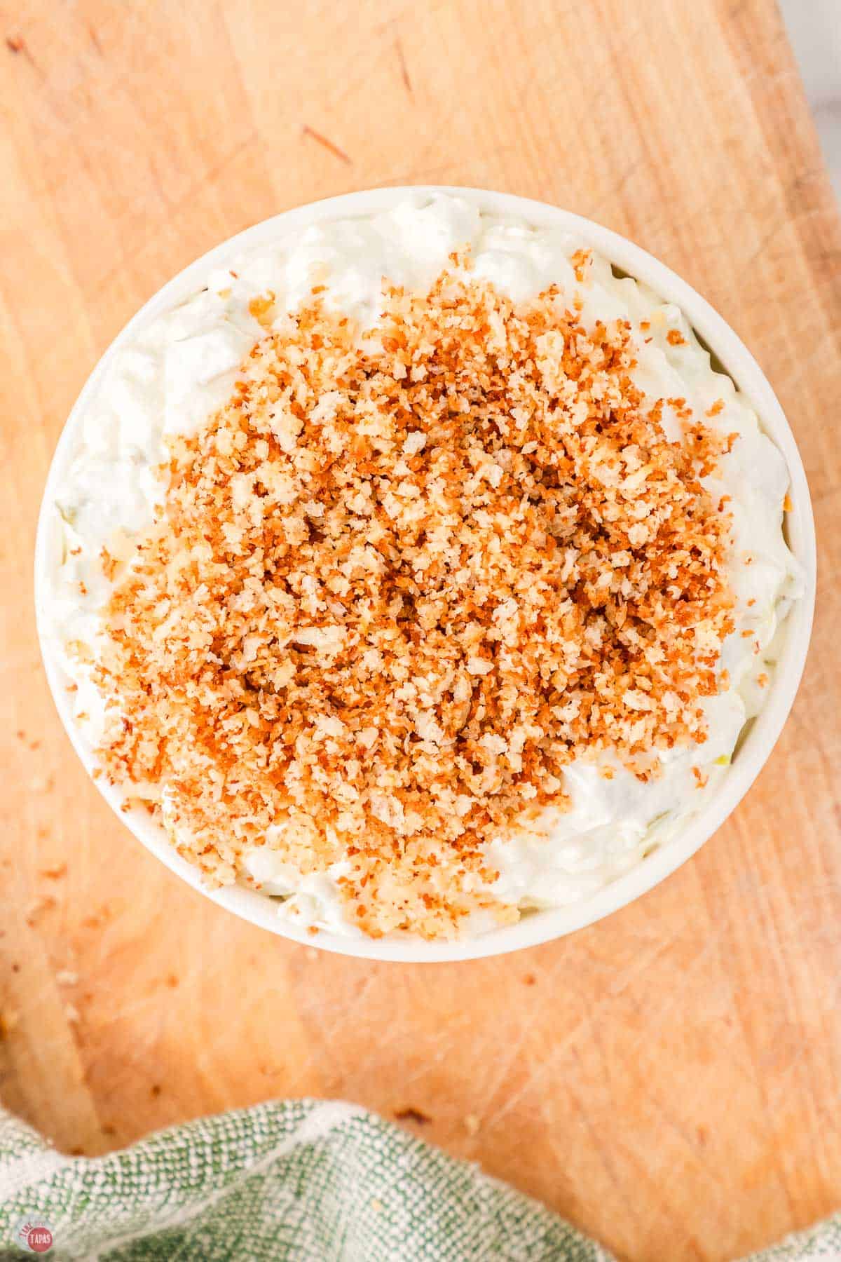 toasted panko crumbs on top of a dip