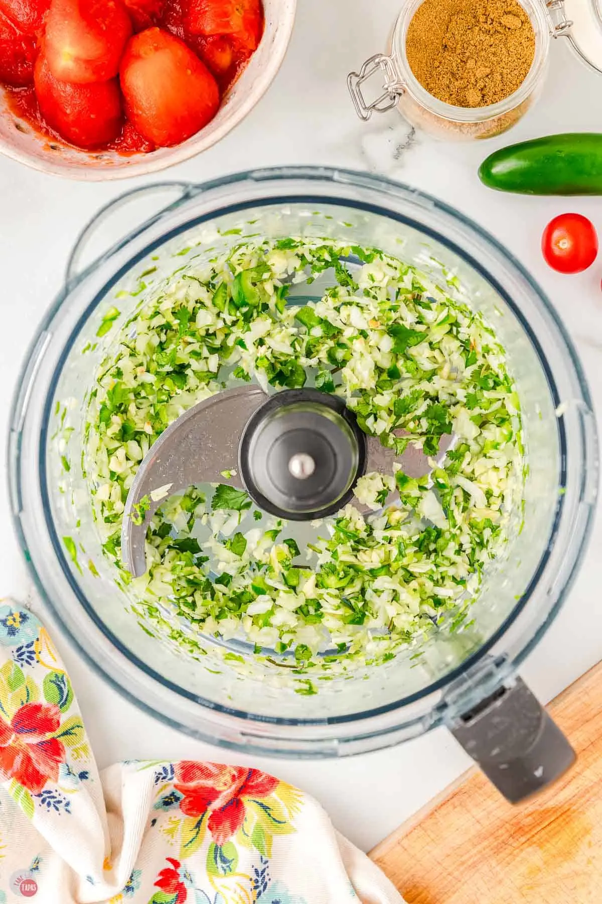 food processor with chopped onion