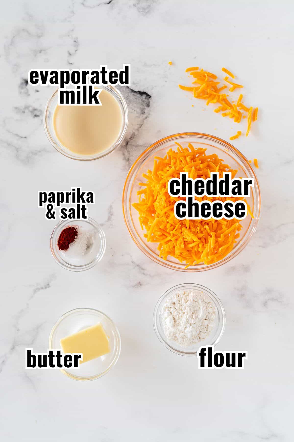 labeled ingredients for nacho cheese sauce in individual bowls