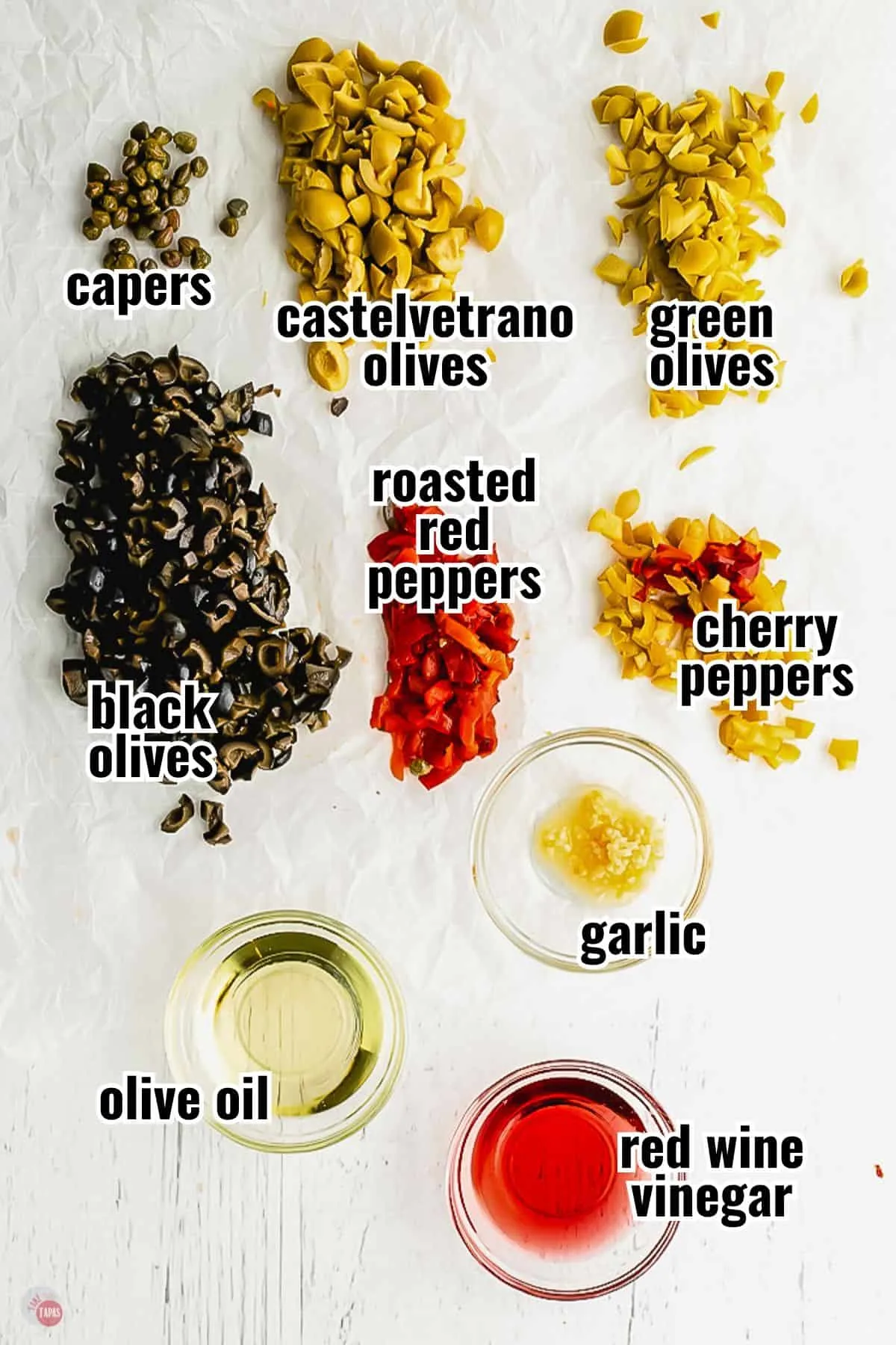 various chopped olives and peppers