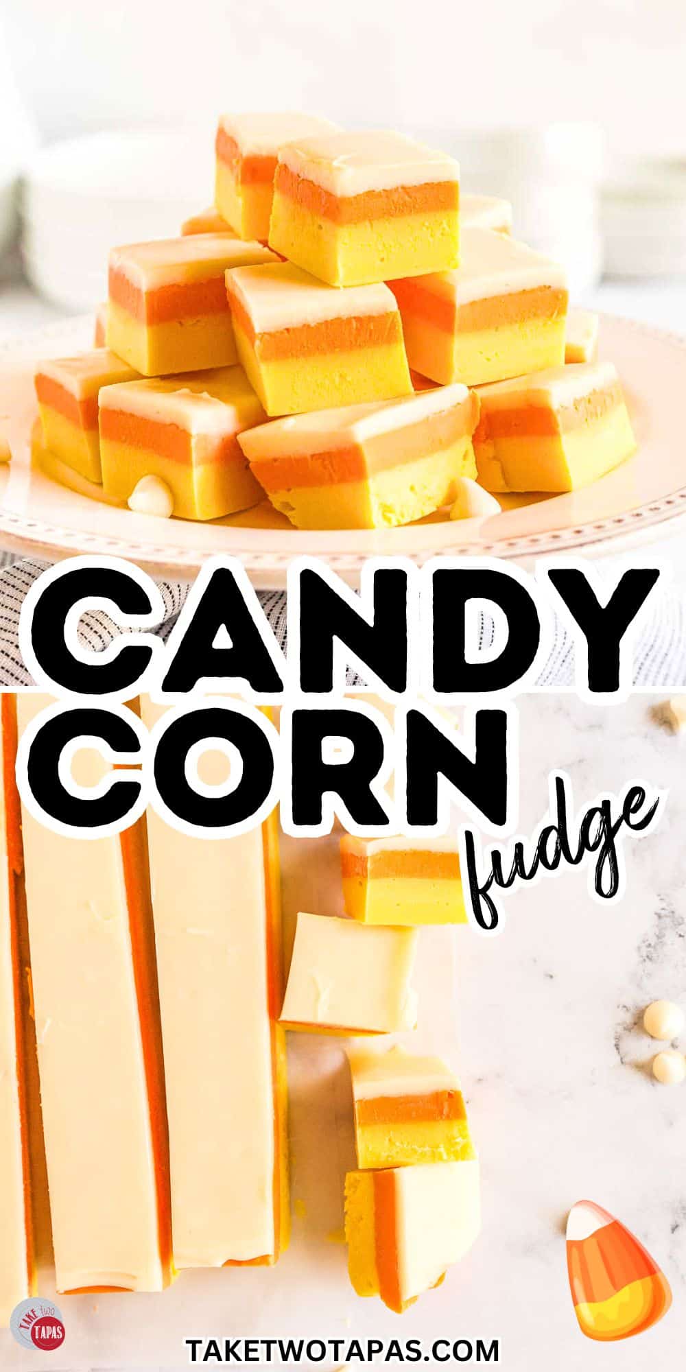 collage of fudge pictures with layers to look like candy corn