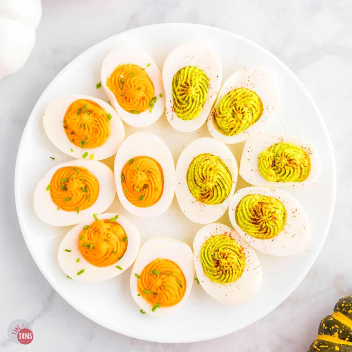 plate of halloween deviled eggs