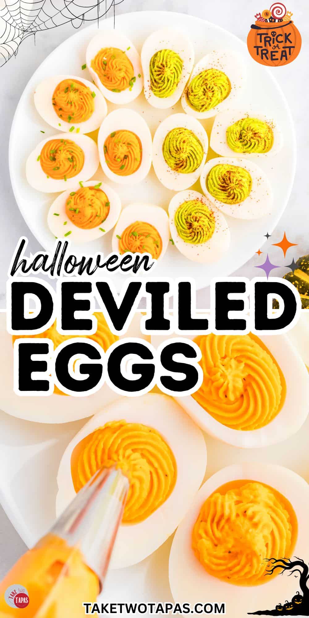 collage of halloween deviled eggs for pinterest pin image