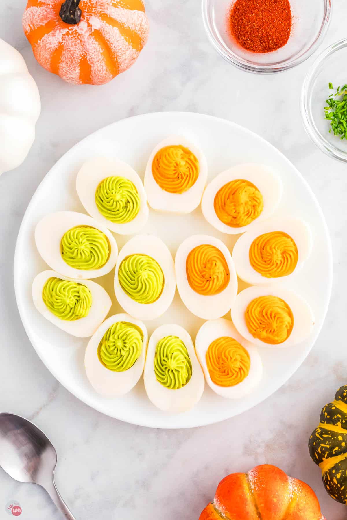 plate of halloween deviled eggs