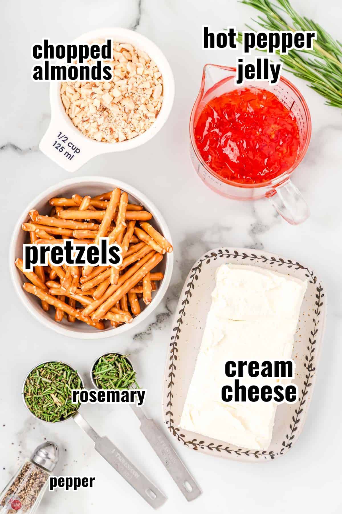 labeled ingredients for mini cheese balls recipe