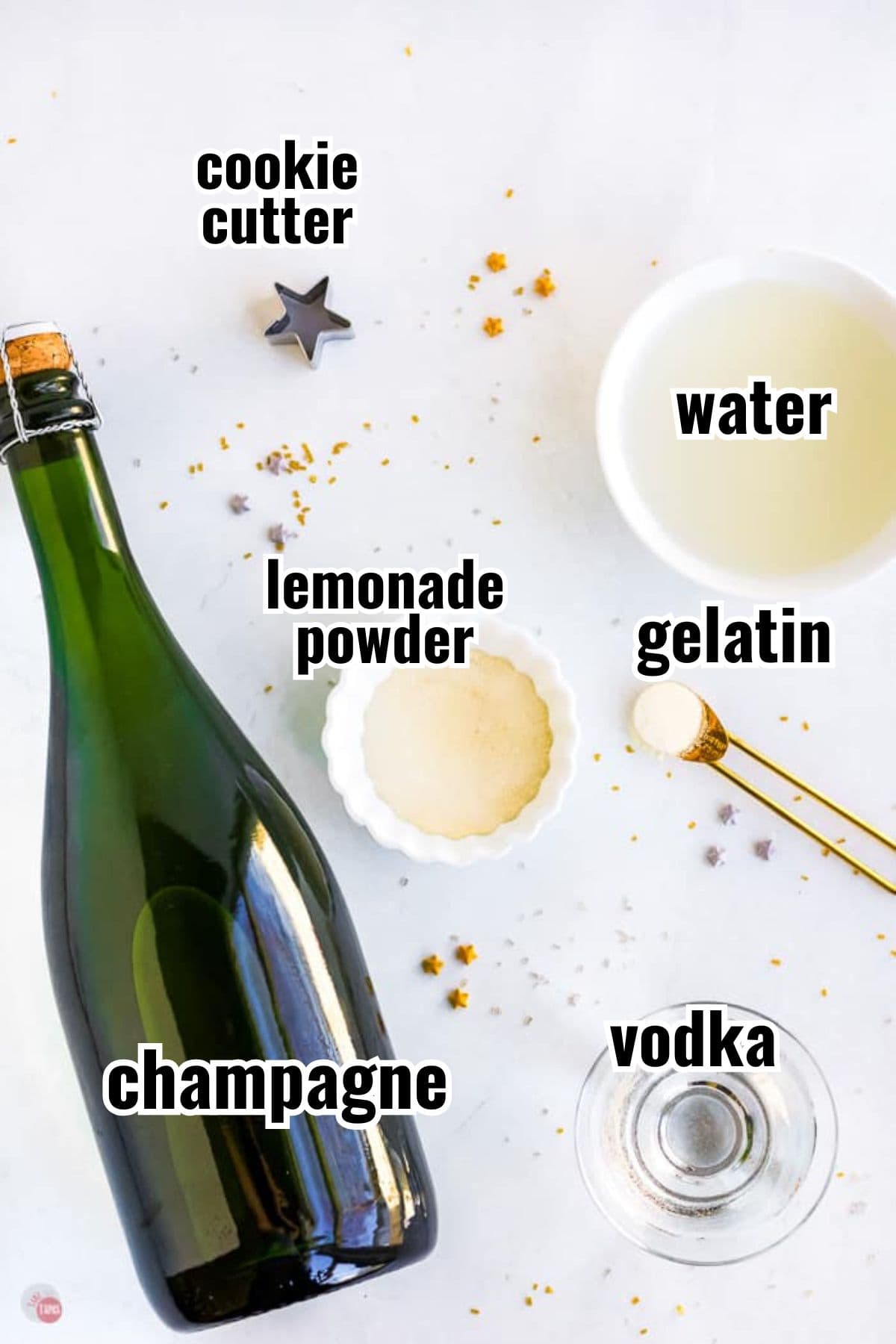 labeled ingredients for jello shots with champagne