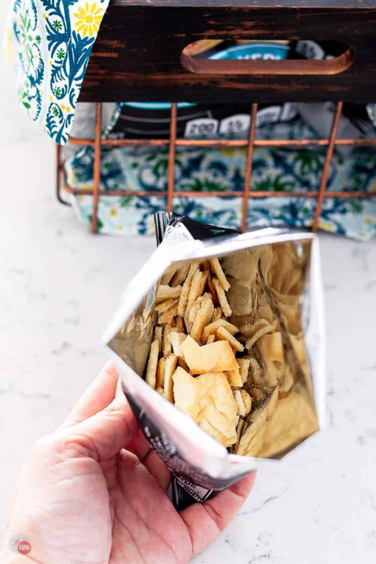 bag of open crushed pita chips