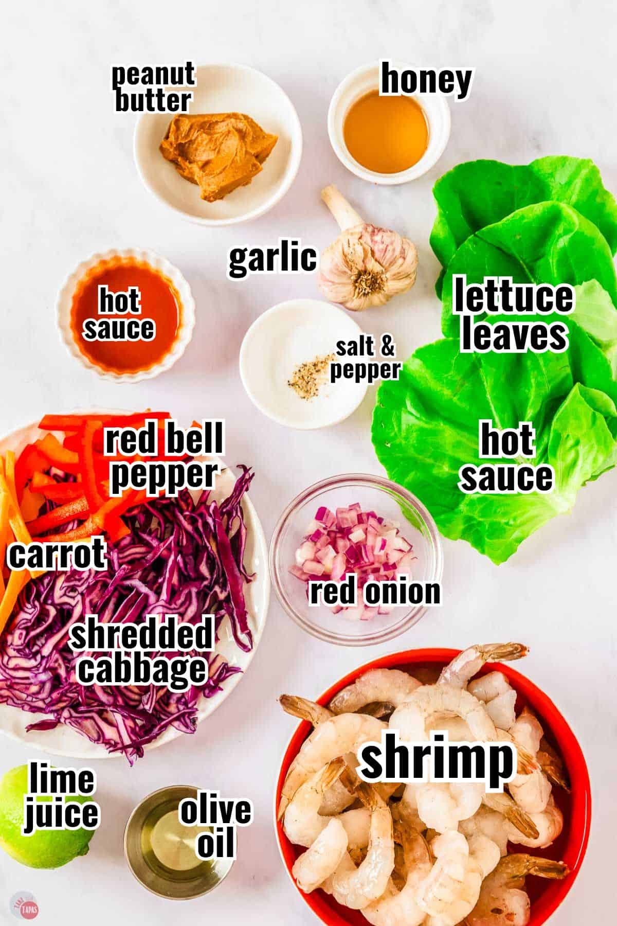 labeled ingredients for shrimp lettuce wrap recipe