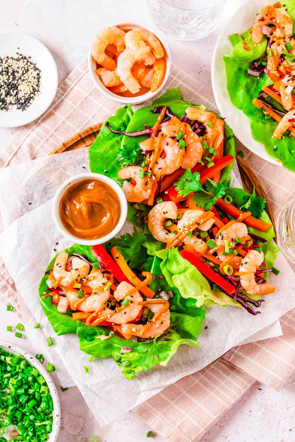 plate of three shrimp lettuce wraps