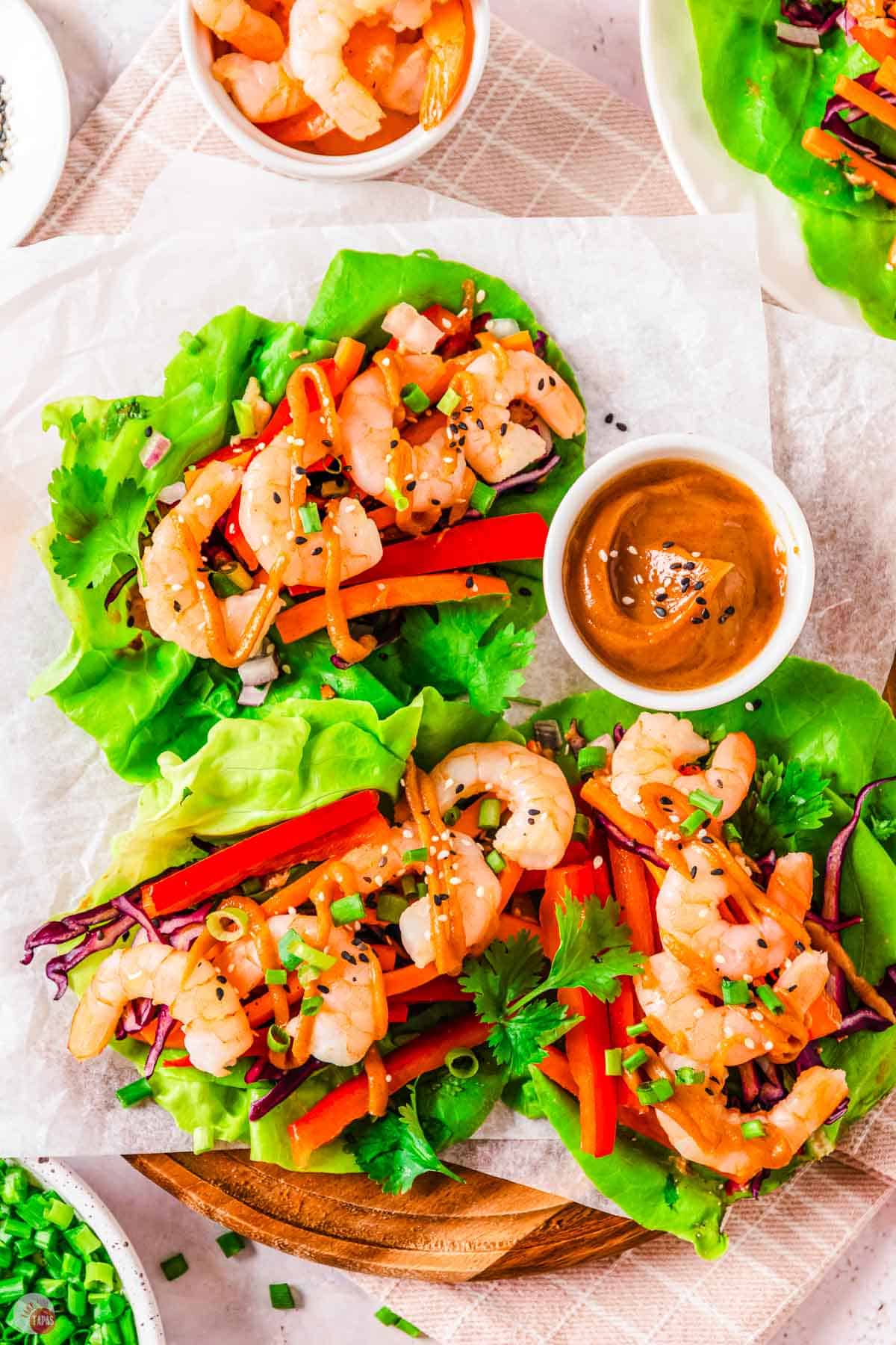 three lettuce wraps with shrimp