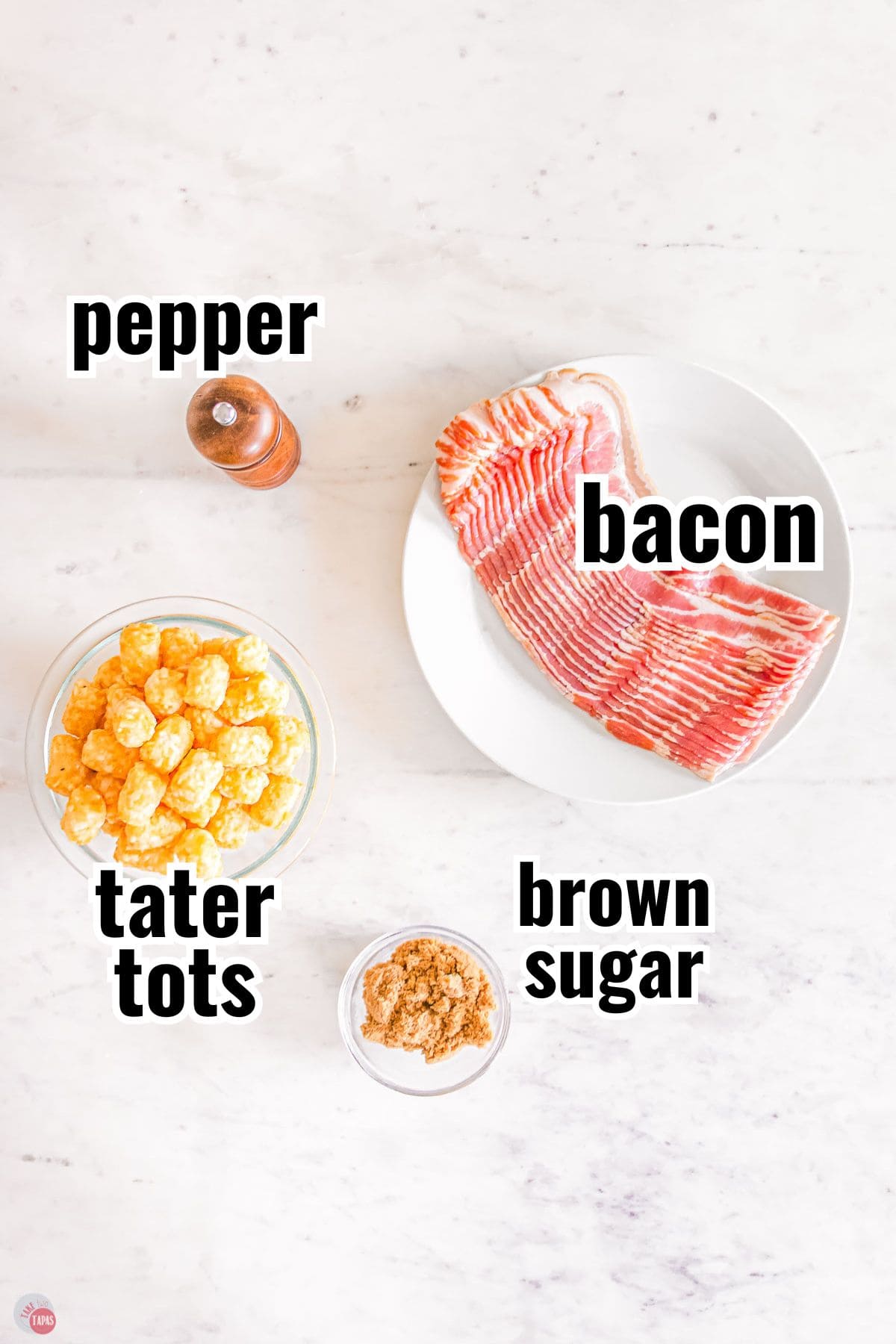 labeled ingredients for bacon wrapped tater tots